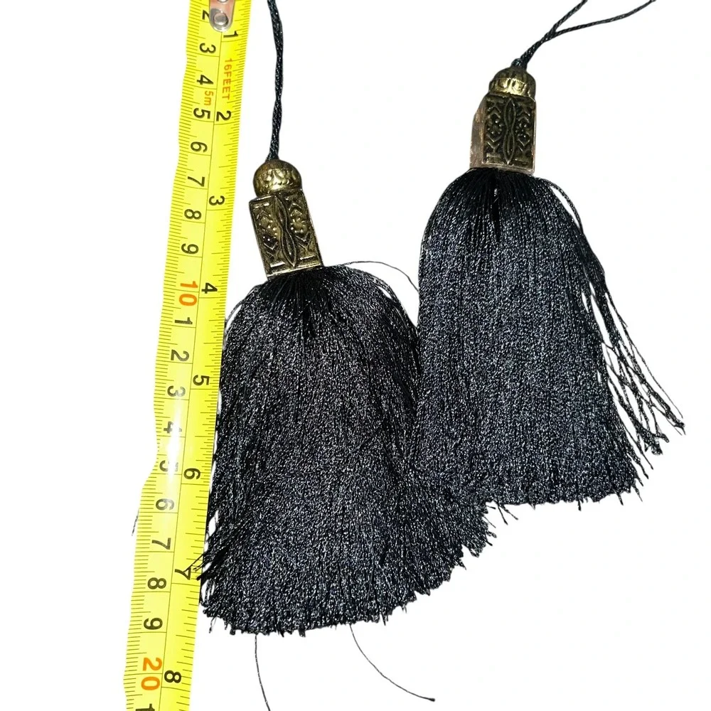 Vintage Black‎ Tassel Pair Brass Caps Gothic Victorian Decor Trim